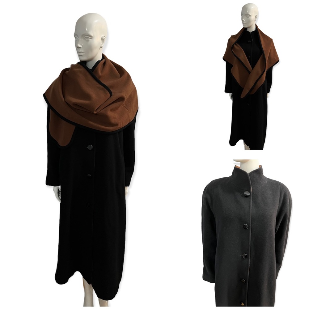 Vintage Virgin Wool Black Camel Brown Scarf Coat